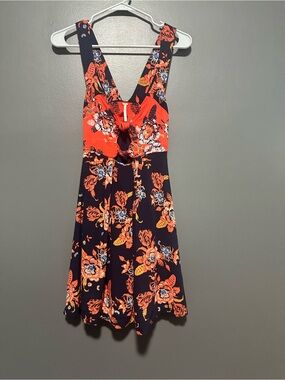 Floral V-Neck Sleeveless Summer Dress in Navy and Orange